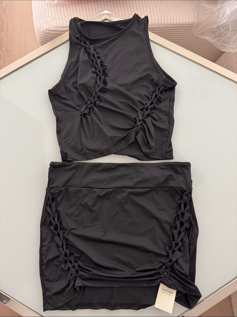 Black Two-Piece Braided Detail Crop Top & Skirt Set